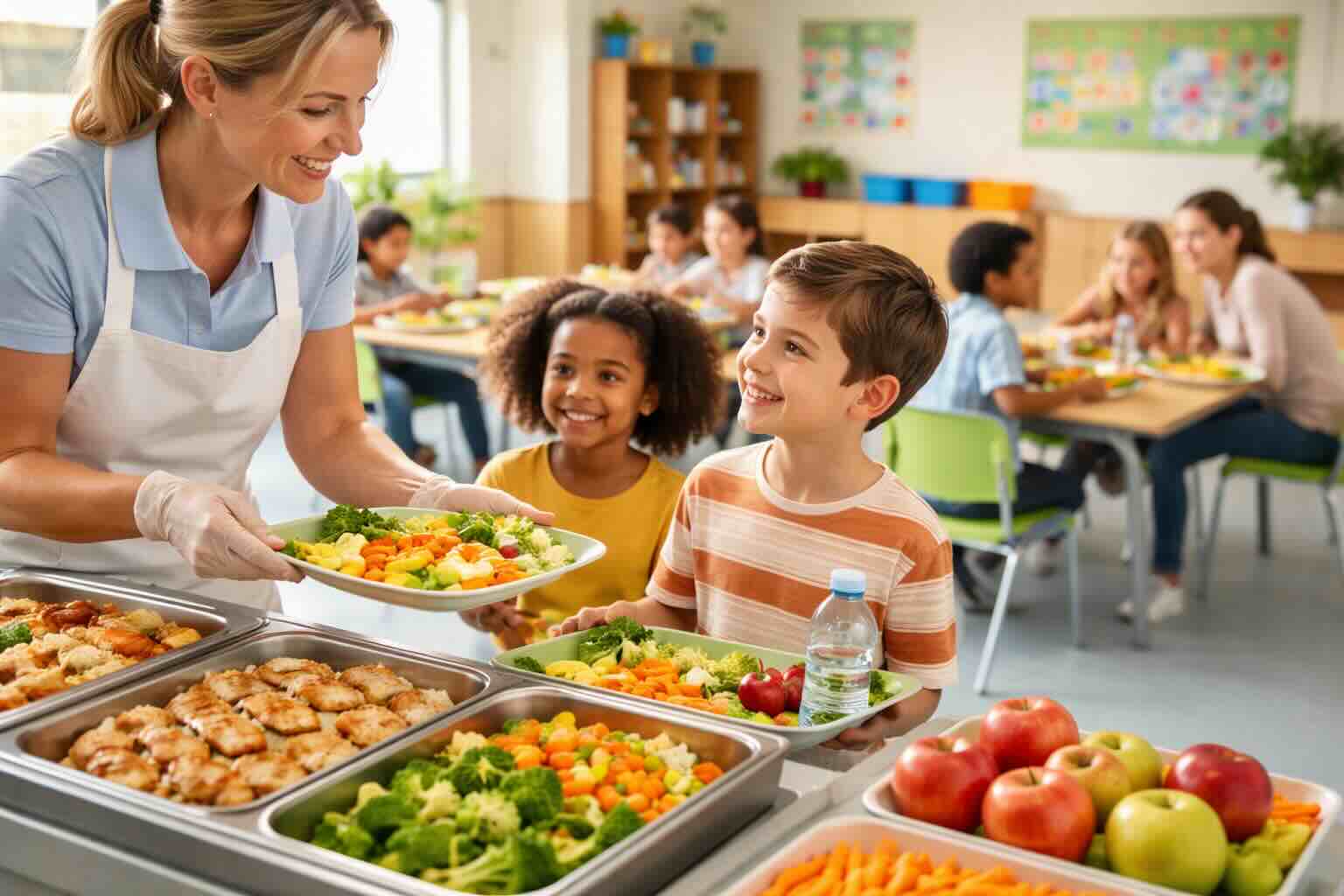 Comidas escolares transportadas: menús equilibrados y saludables para colegios, adaptados a las necesidades nutricionales de los niños.